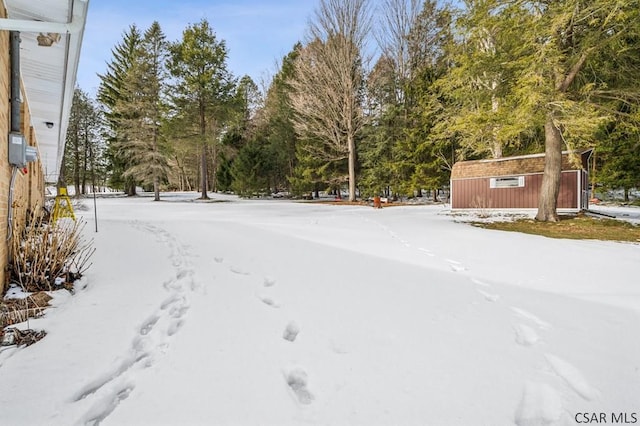 snowy yard with an outbuilding