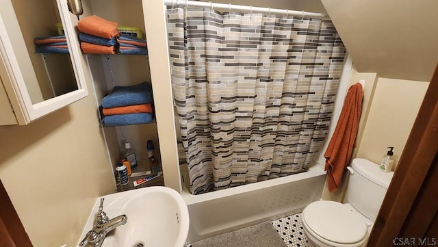 bathroom with toilet, sink, tile patterned floors, and a shower with shower curtain