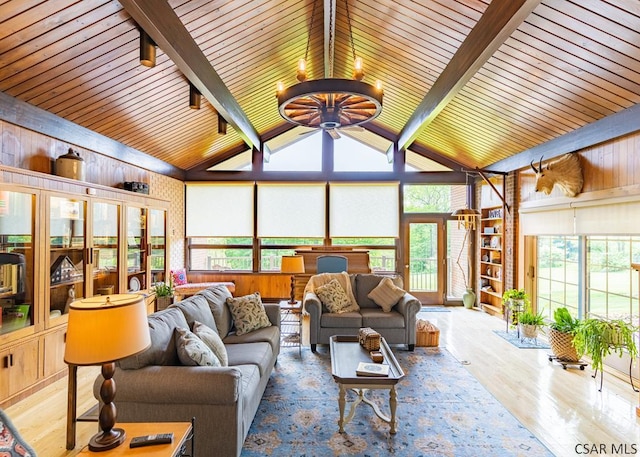 sunroom / solarium featuring plenty of natural light and lofted ceiling with beams