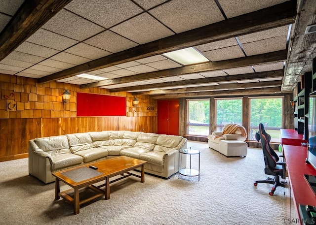 carpeted living room featuring wooden walls, beam ceiling, and a drop ceiling