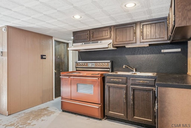 kitchen with dark brown cabinets, sink, range, and wooden walls