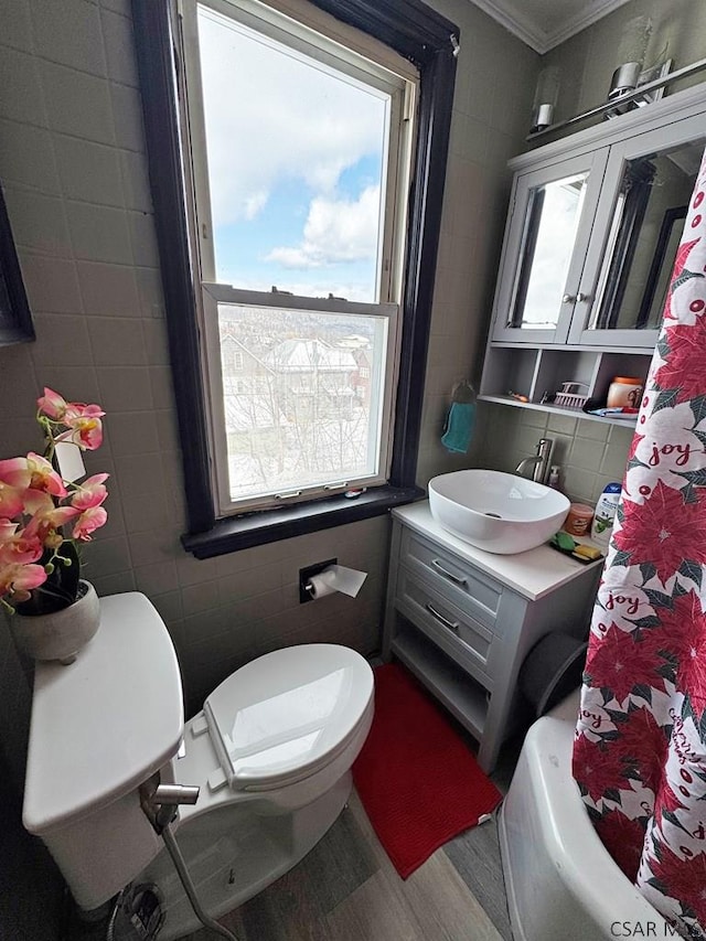 bathroom with tile walls, vanity, toilet, and hardwood / wood-style flooring