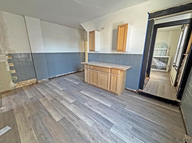 kitchen with light wood-type flooring and light brown cabinetry