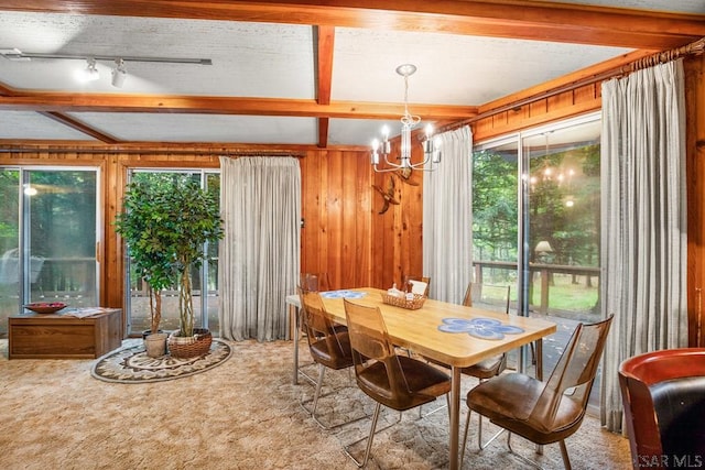 carpeted dining room with a notable chandelier, track lighting, wooden walls, and a healthy amount of sunlight