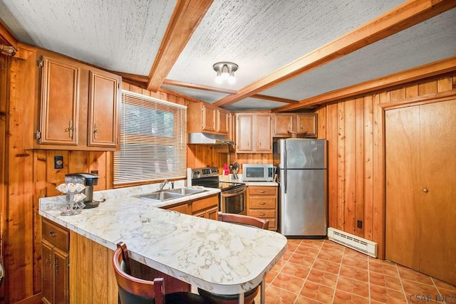 kitchen featuring a kitchen bar, appliances with stainless steel finishes, wooden walls, kitchen peninsula, and a baseboard heating unit