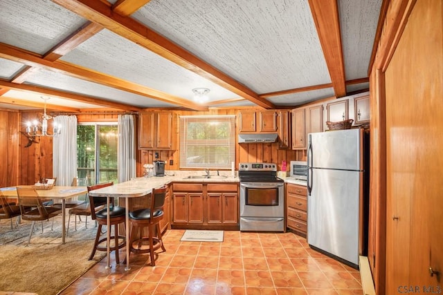 kitchen featuring sink, appliances with stainless steel finishes, wooden walls, decorative light fixtures, and beamed ceiling