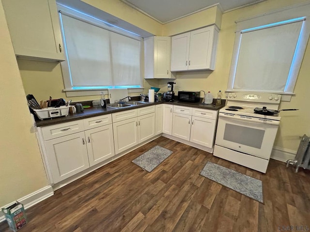 kitchen with white cabinetry, white electric stove, dark hardwood / wood-style flooring, and sink