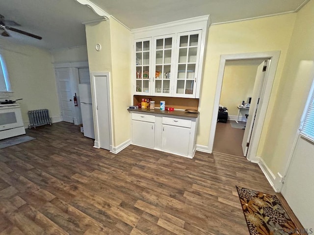 kitchen with white cabinetry, dark wood-type flooring, radiator, and white appliances