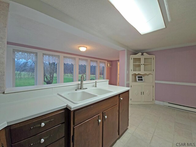 kitchen with sink, dark brown cabinetry, and baseboard heating