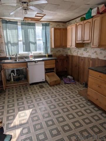 kitchen with ceiling fan, white dishwasher, and sink