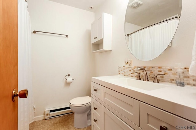 129 Berkey Dr, Johnstown, PA 15904 - full bath with baseboard heating, toilet, vanity, tasteful backsplash, and a shower with shower curtain