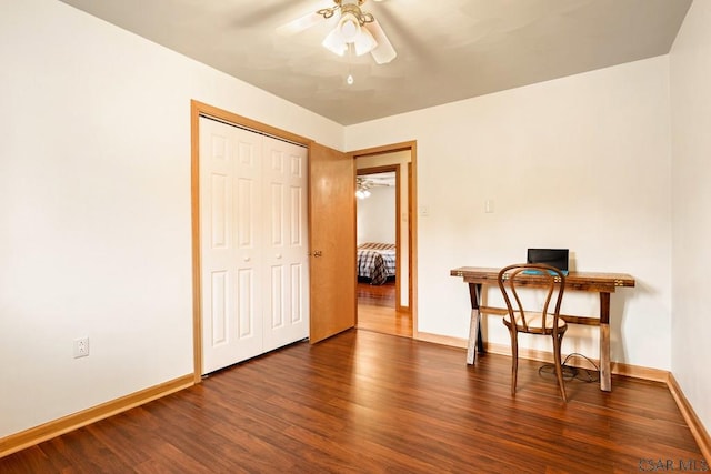 129 Berkey Dr, Johnstown, PA 15904 - bedroom with wood finished floors, an office area, baseboards, a closet, and ceiling fan