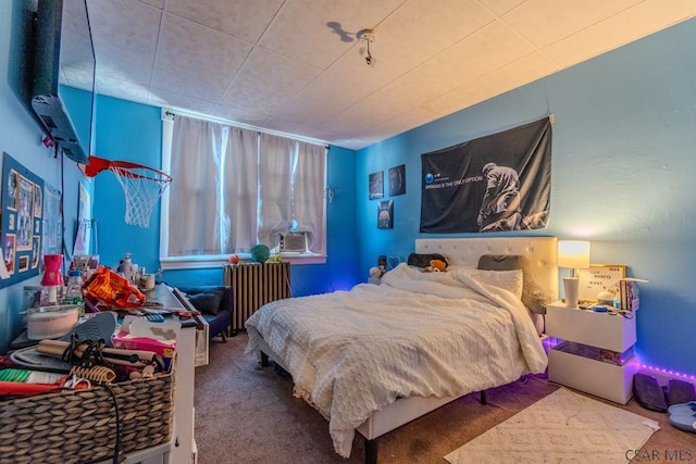 bedroom with radiator heating unit and carpet flooring