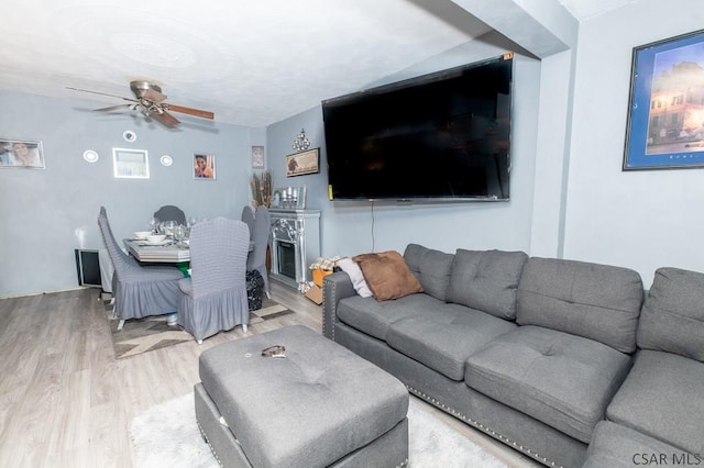 living room featuring hardwood / wood-style flooring, ceiling fan, and a fireplace