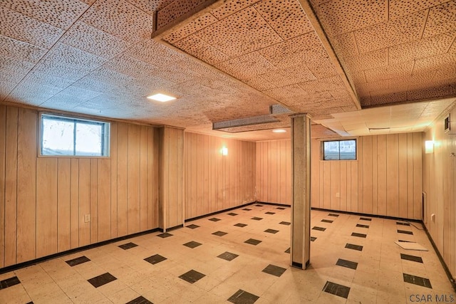 basement featuring wood walls