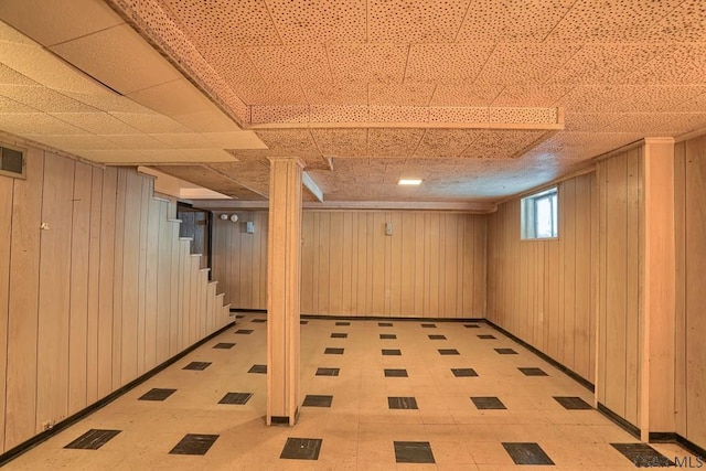 basement with wood walls