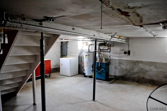 607 Belmont St, Johnstown, PA 15904 - unfinished below grade area featuring washer / dryer, water heater, stairway, and a heating unit