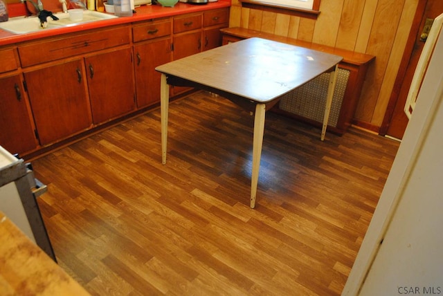 607 Belmont St, Johnstown, PA 15904 - kitchen with a sink, wood finished floors, light countertops, brown cabinetry, and wooden walls