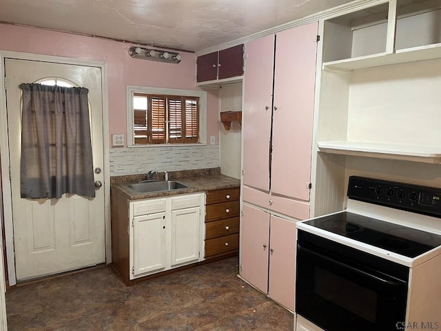 161 Stone St, Johnstown, PA 15906 - kitchen featuring range with electric cooktop, a sink, open shelves, tasteful backsplash, and dark countertops