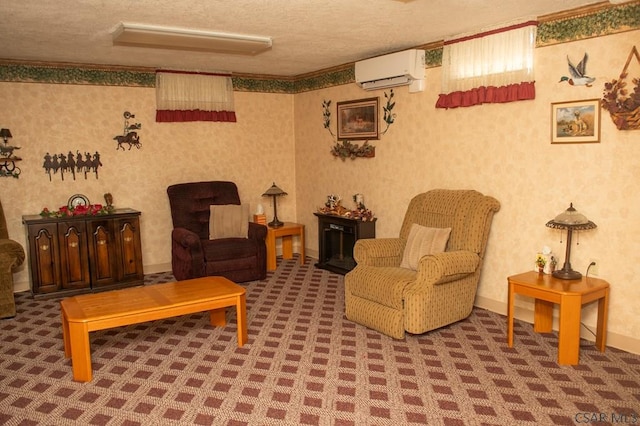 living room featuring a textured ceiling, carpet, and an AC wall unit