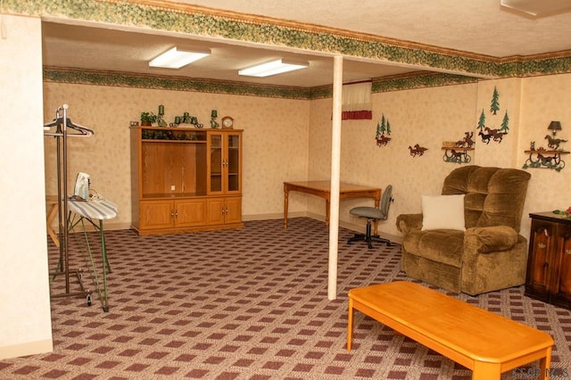 interior space featuring crown molding and carpet flooring