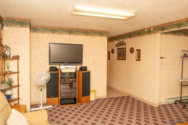 interior space with carpet floors, ornamental molding, and a baseboard heating unit