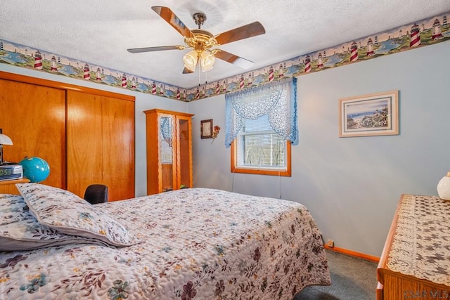 3313 Berlin Plank Rd, Berlin, PA 15530 - bedroom featuring a ceiling fan, a textured ceiling, a closet, baseboards, and carpet flooring