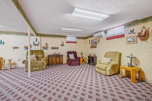 3313 Berlin Plank Rd, Berlin, PA 15530 - living area with wallpapered walls, carpet floors, a textured ceiling, and an AC wall unit