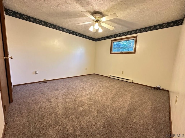 unfurnished room featuring a baseboard radiator, carpet flooring, ceiling fan, and a textured ceiling