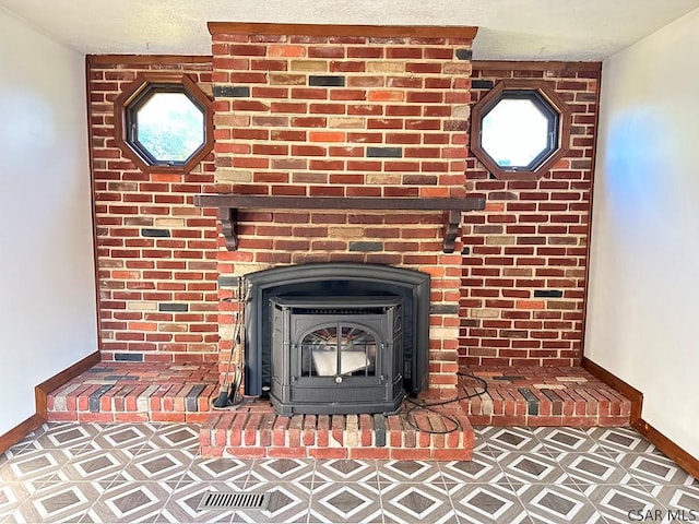 interior details with a wood stove