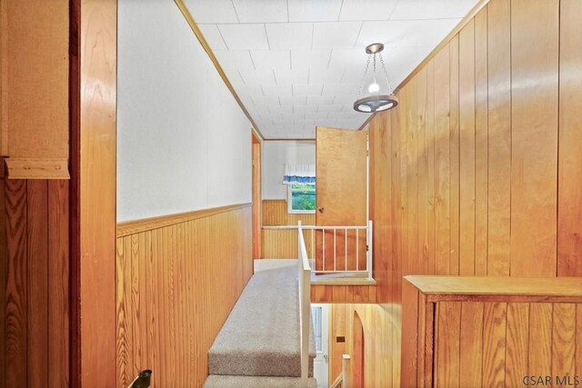 hallway featuring wooden walls