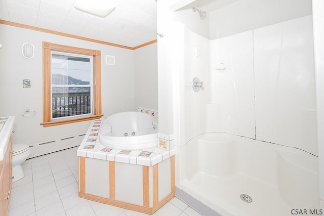 full bath featuring baseboard heating, walk in shower, and crown molding