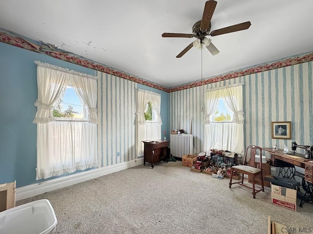 521 N Julian St, Ebensburg, PA 15931 - living area featuring plenty of natural light, ceiling fan, wallpapered walls, radiator heating unit, and carpet