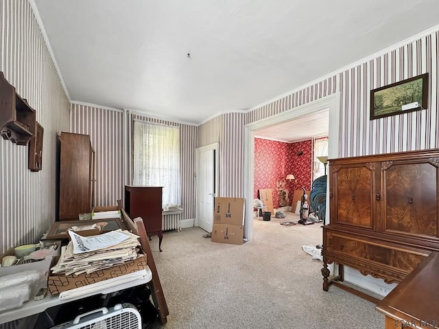 521 N Julian St, Ebensburg, PA 15931 - carpeted bedroom featuring wallpapered walls and crown molding