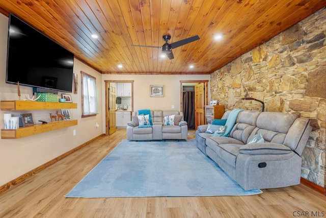 408 Byers Rd, Somerset, PA 15501 - living room with wood finished floors, wood ceiling, ceiling fan, baseboards, and recessed lighting