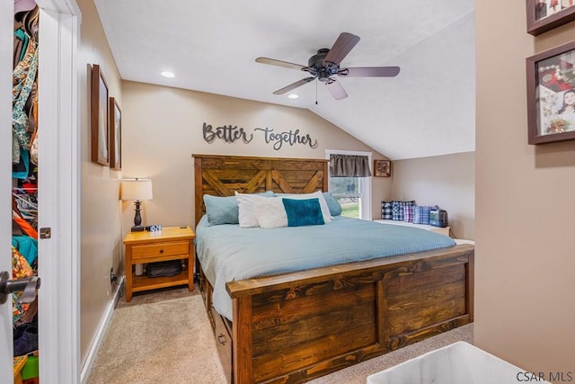 408 Byers Rd, Somerset, PA 15501 - carpeted bedroom featuring vaulted ceiling, baseboards, recessed lighting, and ceiling fan