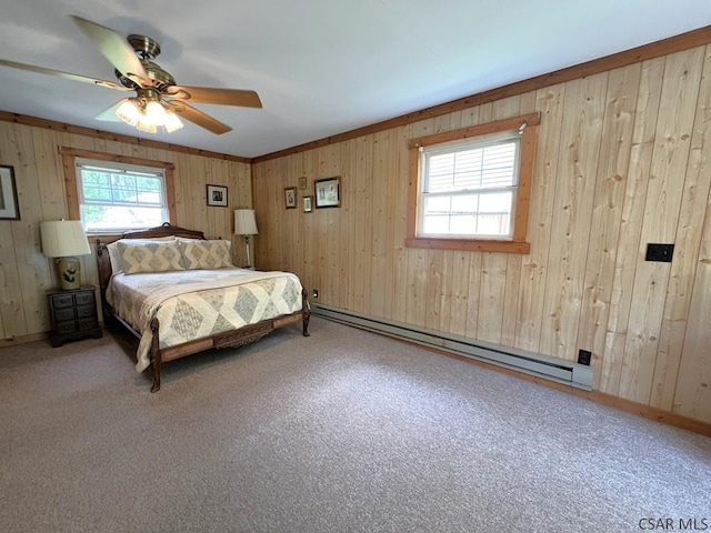 643 Laurel Summit Rd, Boswell, PA 15531 - bedroom with baseboard heating, wood walls, ceiling fan, carpet flooring, and baseboards
