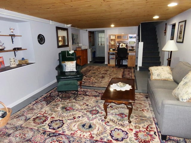 959 E Main St, Somerset, PA 15501 - living room featuring wood ceiling, stairs, recessed lighting, and baseboards