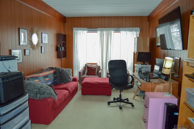 office featuring carpet floors and wooden walls