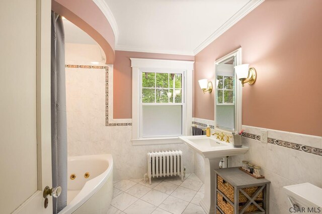 932 Luzerne St, Johnstown, PA 15905 - full bath with radiator, tile walls, a whirlpool tub, ornamental molding, and a sink