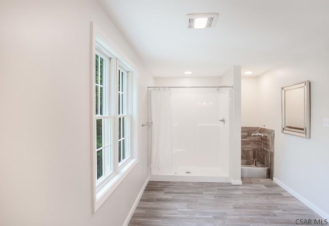 bathroom with hardwood / wood-style flooring and walk in shower