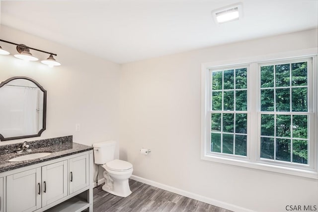 bathroom with vanity, hardwood / wood-style flooring, and toilet