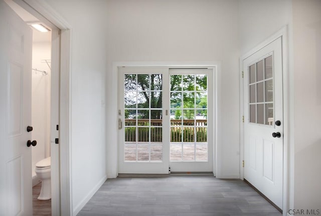 doorway with wood-type flooring