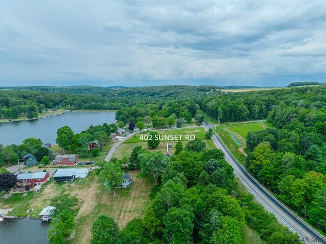 drone / aerial view with a water view