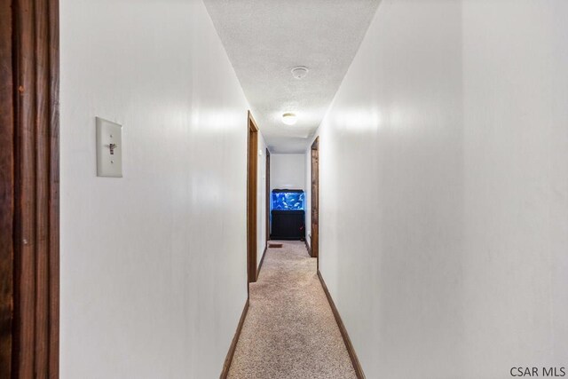 hallway featuring light colored carpet and a textured ceiling