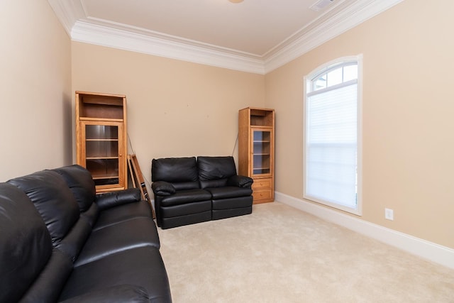 living room with light carpet and ornamental molding