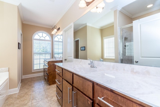 bathroom with ornamental molding, tile floors, vanity, and shower with separate bathtub