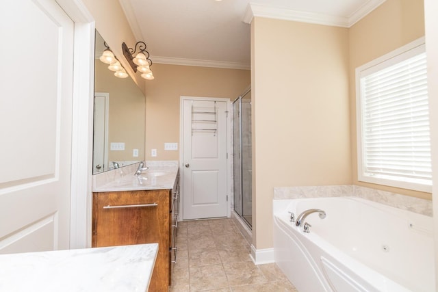 bathroom with oversized vanity, ornamental molding, plus walk in shower, and tile flooring