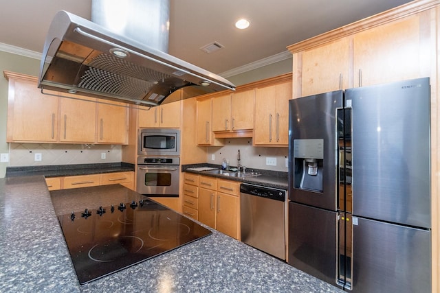 kitchen featuring ornamental molding, backsplash, black appliances, island range hood, and light brown cabinets