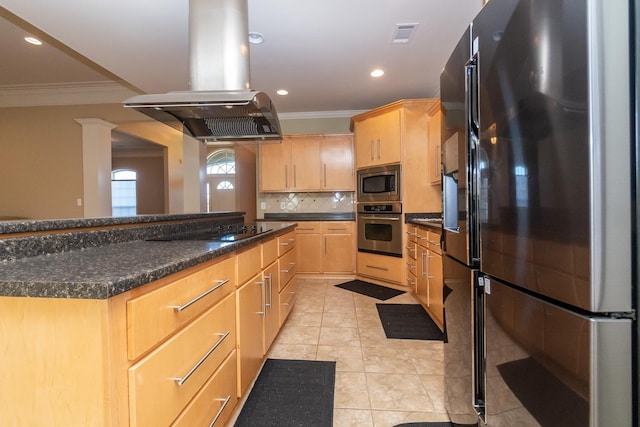 kitchen with island range hood, stainless steel appliances, light tile floors, light brown cabinetry, and backsplash